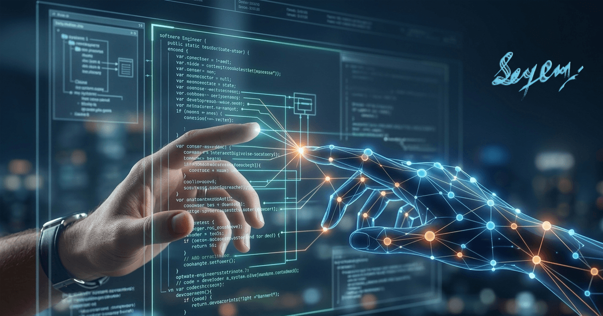 A digital interface showing a human hand collaborating with an AI neural network on a code structure